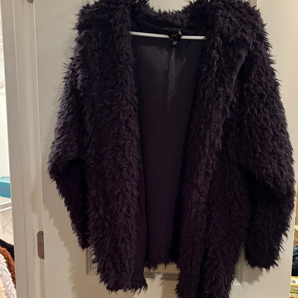 Express Navy Blue Faux Fur Coat with hood and pockets - Picture 1 of 5